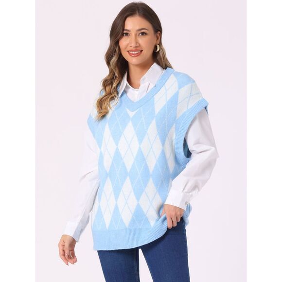 Contrast Color Vest Sleeveless Knit Loose Pullover Sweater Tops Blue - Picture 2 of 5